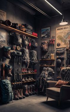 a room filled with lots of shoes and backpacks on shelves next to a chair