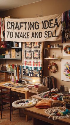 an art studio with crafting and sewing supplies on the table, hanging from the ceiling