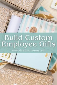 the words build custom employee gifts are in front of an image of boxes with cards and envelopes