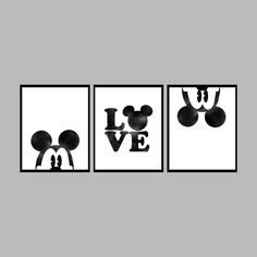 three black and white mickey mouse prints on a gray wall, with the word love spelled in