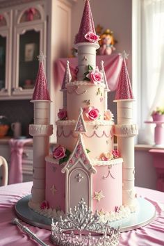 a pink princess castle cake on a table