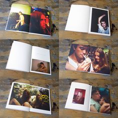 several photographs are placed on top of each other in an open photo book with the pages spread out