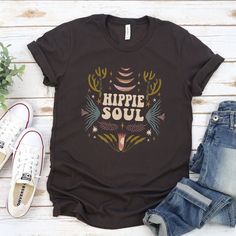 Hippie Shirt, Hippie Soul Tee, Hippie Moon Shirt, Boho TShirt, Women's Bohemian Hippie TShirt, 70s Graphic Tee Looking for more vintage/retro inspired tops and tees? Check these out: https://www.etsy.com/shop/TheGraphicPeach?ref=seller-platform-mcnav§ion_id=33890848 Our shop uses direct-to-garment printing to make our products. The design ink is sprayed on, then allowed to soak into the fibers of the garment. This process yields fine quality prints and a smooth finish on the garment. BELLA + CAN Womens Retro Tshirt, Hippy 70s Fashion, Boho T-shirt, Boho Shirts For Women, 70s T Shirts Vintage Tees, Boho T Shirts, Trending Tshirt Designs 2023, Hippie Tshirts, Boho Tshirt Design