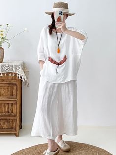 Styles: Casual Material: 100% Linen Clothing Length: Regular Sleeve Length: Half Sleeve Collar: Round Neck Decoration: Pocket Pattern: Solid Color Season: Summer #sets #linen #blouse #widelegpants Blouse With Pants, Minimalist Blouse, Summer Sets, Color Season, Cuffed Top, Linen Clothing, Wide Leg Cropped Pants, Pocket Pattern, Casual Jumpsuit