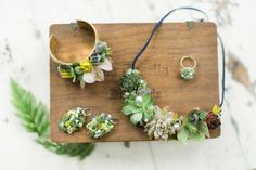 an assortment of succulents and rings on a wooden board