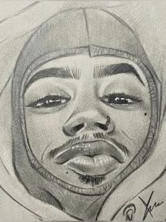 a pencil drawing of a woman's face with the hood pulled back and eyes closed