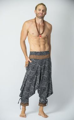 Swirls Prints Thai Hill Tribe Fabric Men Harem Pants with Ankle Straps in Black Chasing Butterflies, Harem Pants Men, Moda Hippie, How To Do Splits, Men Waist, Stripes Fabric, Indian Fabric, Waist Strap, Ankle Cuffs