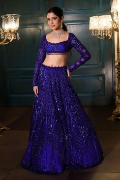 Electric blue attcahed can-can lehenga with sequin, crystal, cutdana and crystal embroidery. Paired with heavy embroidered full sleeve blouse and dupatta. - Aza Fashions Fitted Royal Blue Choli For Designer Wear, Fitted Royal Blue Sharara For Reception, Blue Fitted Lehenga For Reception, Royal Blue Fitted Designer Choli, Royal Blue Fitted Choli For Party, Elegant Blue Lehenga With Sequins, Royal Blue Fitted Lehenga For Party, Royal Blue Fitted Party Choli, Fitted Royal Blue Floor-length Lehenga