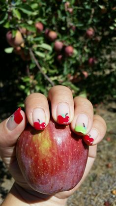 Fiona Apple Outfit Ideas, Fall Apple Nails Design, Apple Picking Nails, Apple Acrylic Nails, Red Apple Nails, Fiona Apple Nails, Fall Apple Nails, Apple Manicure, Apple Nails Design