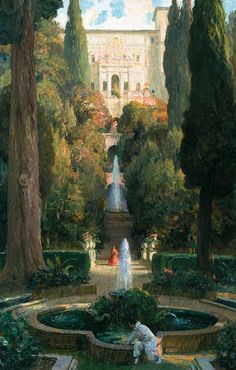 a painting of a garden with fountains and trees