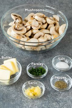 the ingredients for mushroom soup are shown in small glass bowls on a gray countertop