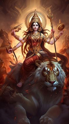 the goddess sitting on top of a lion