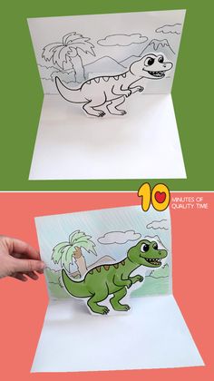 an image of a dinosaur card being drawn with markers and colored pencils on paper