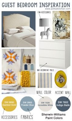 the color scheme for this bedroom is blue, yellow, and white with an assortment of accessories