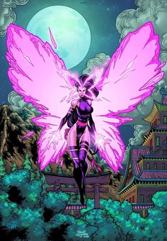 a pink fairy standing on top of a hill with her wings spread out in the air