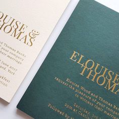 two green and white wedding cards with gold foil lettering on the front, back and sides