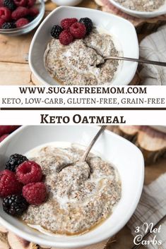 two bowls filled with oatmeal and raspberries on top of each other