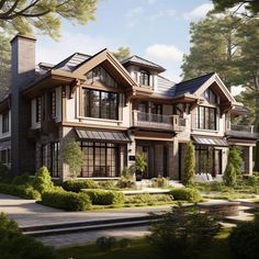 this is an artist's rendering of a large house in the woods with lots of windows