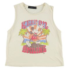 Celebrate Your Love For Cartoons With The Junk Food Womens Keep On Smiling Tank Top. This Lightweight, Sleeveless Tank Top Featuring A Graphic Print Of Mickey Mouse Is Perfect For All Seasons. Made From 100% Cotton, It's Ideal For Any Casual Occasion.Manufactured In The United States, This Brand-New, Opaque Tank Top With A Scoop Collar Will Be A Charming Addition To Your Casual Collection. White Fun Tank Top For Spring, Fun White Tank Top For Spring, Fun White Spring Tank Top, Beige Sleeveless Top With Graphic Print, Fun Sleeveless Tops For Day Out, White Slogan Casual Tank Top, White Casual Slogan Tank Top, White Cartoon Print Summer Top, Spring White Slogan Tank Top