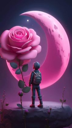 a person standing next to a pink rose on top of a hill with the moon in the background