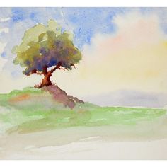 a watercolor painting of a tree on top of a hill