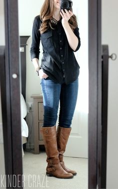 From a review. Jamie Button Down Cotton Shirt from Stitch Fix with Sophie skinny jeans fro Kensie, brown riding boots and a statement necklace #stitchfix #fashion How To Wear Jeans, Brown Riding Boots, Outfit Jeans, Boots Brown, Brown Boots