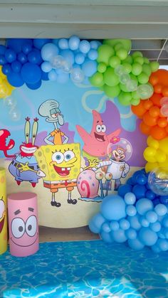 spongebob themed birthday party with balloons and decorations