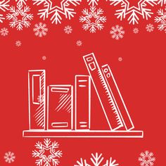 a red background with snowflakes and books