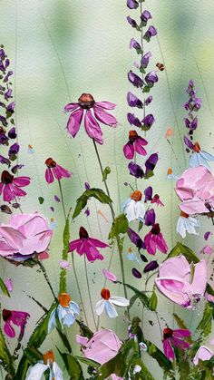 a painting of pink and white flowers on a green background