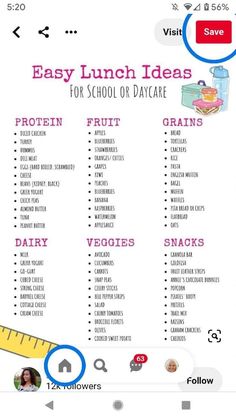 the easy lunch ideas list for school or daycare is shown in this screenshot