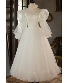 Get 10% off now! Buy retro beaded pearls tea length tulle wedding dress with high neck long sleeves at wholesale price online. Free shipping and pro custom service since 2009. Wedding Dress With High Neck, Antique Wedding Dresses, Tea Length Tulle, Dress With High Neck, Wedding Dress Ivory, Long Wedding Dress, Bridal Gowns Vintage, Budget Outfits, Dress Design Sketches