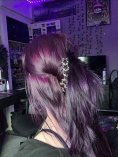 Darkish Purple Hair, Full Purple Hair, Spring Personal Color Hair, Pink Over Dark Brown Hair, Plum Red Hair Color Burgundy, Purple And Light Purple Hair, Pretty Hair Dye Colors, Purple Over Red Hair, Raspberry Violet Hair