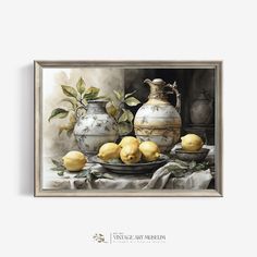 a painting of lemons and a vase on a table