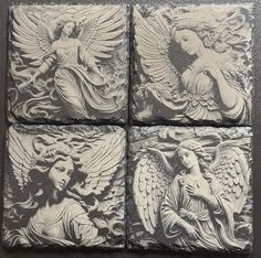 four square tiles with angels on them