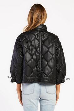 Quilted bomber-style vegan leather jacket made from high-quality materials, this jacket is built to last. It features long sleeves, a zip-up and snap button closure, a drawstring toggle cuff, and pocket details with cinched hemline and tab collar. Black Quilted Jacket, Heart Clothes, Velvet Heart, Vegan Leather Jacket, Leather Outfit, Something Different, Quilted Jacket, Pocket Detail, Black Jacket