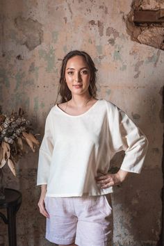 Bat Sleeve Top with Rounded Neck in European Linen Bat Sleeve Top, Bat Sleeve