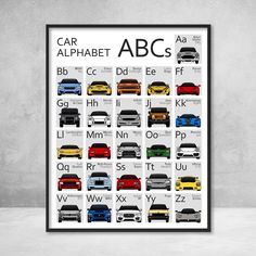 a poster with cars in different colors and letters on the front, side and back