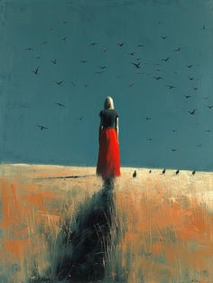 a painting of a woman in a red dress looking out over a field at birds