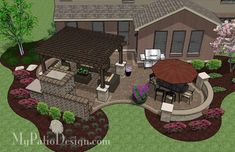 an artist's rendering of a backyard with patio and seating area