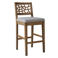 a wooden bar stool with a gray upholstered back and seat cushion on an isolated white background