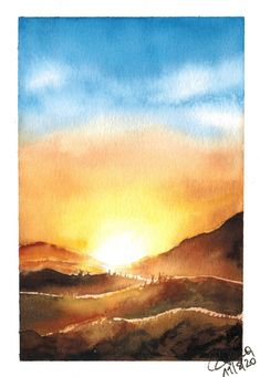 watercolor painting of the sun setting over a mountain range with hills in the distance