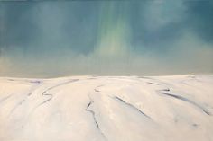 an abstract painting of snow and sky with green light coming from the clouds in the distance