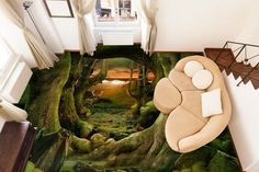 a living room with a rug that looks like a forest