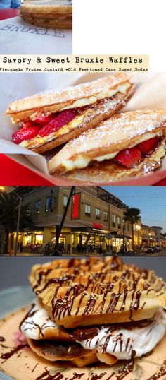 some food is sitting on a plate in front of a building and the words savory & sweet fuxie waffles