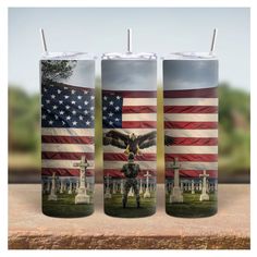 two tumblers with an american flag and soldier in front of the graves on it