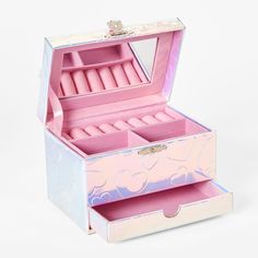 an open pink and white box with jewelry in it on a white surface, showing the inside compartments