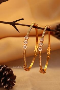 Simple Single line Flower Design Bangles - South India Jewels Single Line Flower, Gold Bangle Design, Traditional Bangles, Black Beads Mangalsutra Design