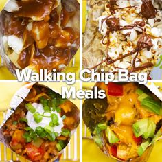 four different pictures with the words walking chip bag meals on them and images of food