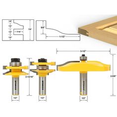 three routers are shown with measurements for the router and woodworking tools in front of them