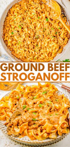 ground beef stroganone in a casserole dish with text overlay